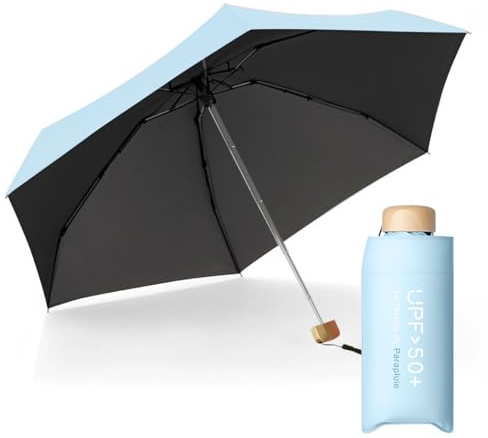Le Monde du Parapluie Mini parapluie pliant pour femme - Parapluie plat 5 plis - Ultra Léger et compact - format voyage, poche, sac - coupe-vent - Protection UV UPF 50+, anti-UV - Bleu ciel