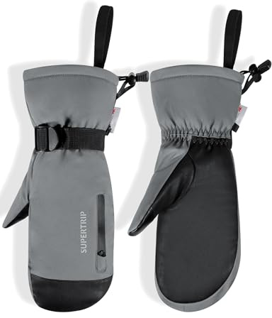 Supertrip Ski Mittens Men Women, Waterproof Snowboard Mittens Gloves Touch-Screen Anti-Slip Snow Mitts 3M Thinsulate, Warm Insulated in Cold Weather Winter (Gray, Small)