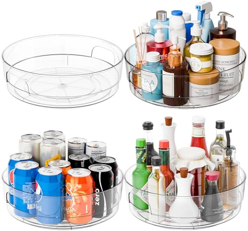 Yieach 4 Pack 12 W Clear Acrylic Lazy Susan Turntable for Cabinet,Refrigerator,Pantry and Kitchen - with Handle - Large Fridge Sauce Condiment Turn Table Organizer,Spinning Round Spice Rack Carousel