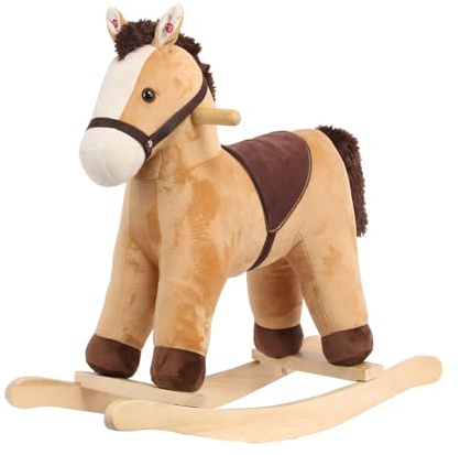 Rock My Baby Rocking Horse, Grey Wooden Horse with Sound Effects,Ride-on Toy,Balance Toy (Light Brown)