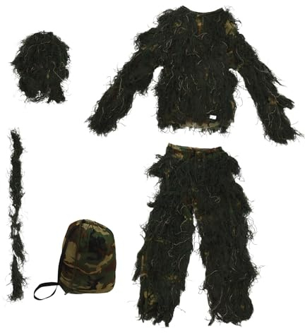 NIZEAMI Costume 5 en 1, camouflage 3D, vêtements de chasse en plein air, comprenant veste, pantalon, capuche, sac portable pour adultes, enfants et adolescents