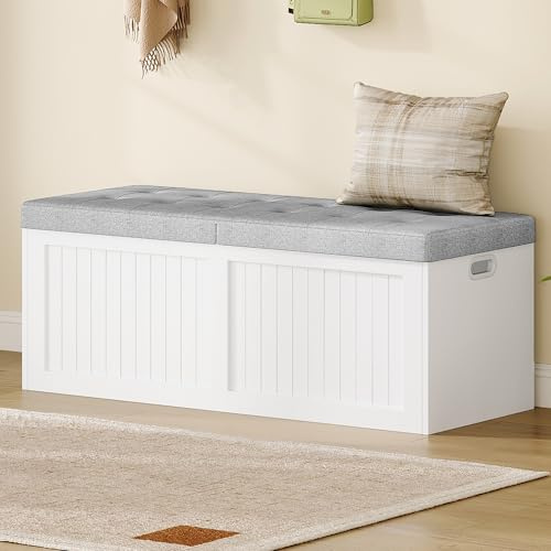 Hzuaneri Schuhbank, 109 cm, Sitzbank mit Stauraum, Bank mit Stauraum, Mit Leinenkissen, Aufbewahrungsbox, für Wohnzimmer, Foyer und Eingangsbereich, 40 x 109 x 44,5 cm, Weiß-Grau SB01903GY