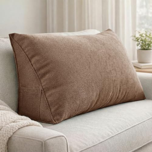 Aocase Almohada de Cuña con Soporte Lumbar - Cojín Triangular Grande para Lectura en Cama y Sofá, Diseño Ergonómico, Material Suave, Fácil Transporte,Coffee Brown,60×35×20cm