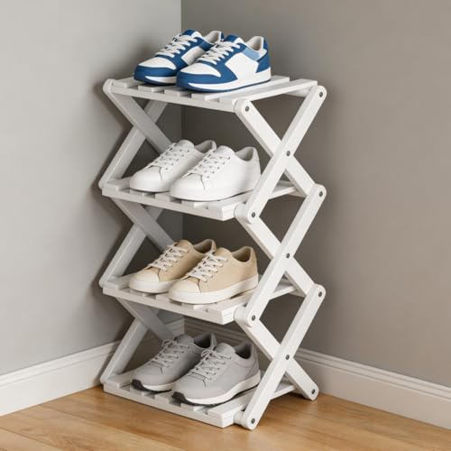 CEWROM Piccola scarpiera verticale in bambù, organizer per scarpe, scarpiera, multifunzione, sottile, scarpiera, mini scarpiera autoportante per campeggio, corridoio, camera da letto (4 piani)