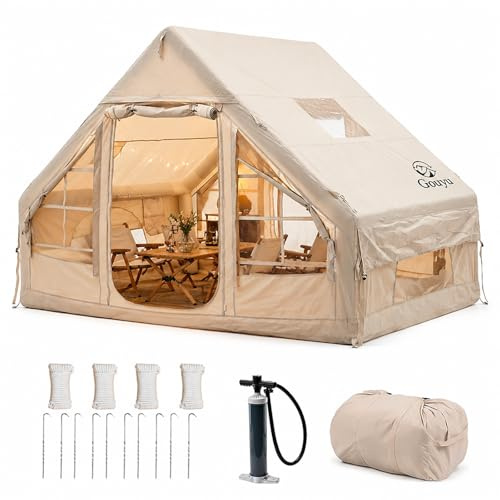 Gouyu 4-6 Person Inflatable Camping Tent, Panoramic PVC Skylight & Privacy Cover, 420D Oxford Waterproof UPF30+, PVC Air Beams, Mesh Ventilation, 5-Min Quick Setup Blow Up Tent for Family (A)