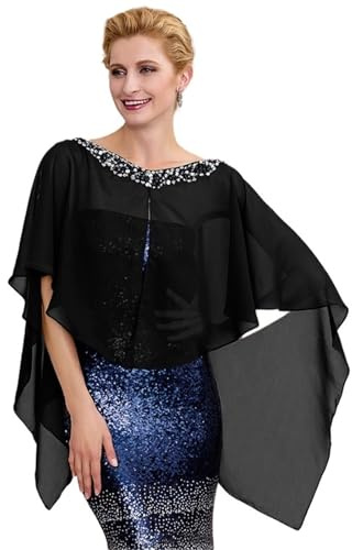 Chiffongbolero med hög strumpa för kvinnor, paljettjacka med pärlor för sommar, svart, One size