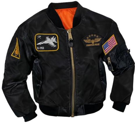 Rothco Kids Flight Jacket with Patches – Warm & Comfortable Outdoor Bomber Aviator Pilot Coat, Black, M