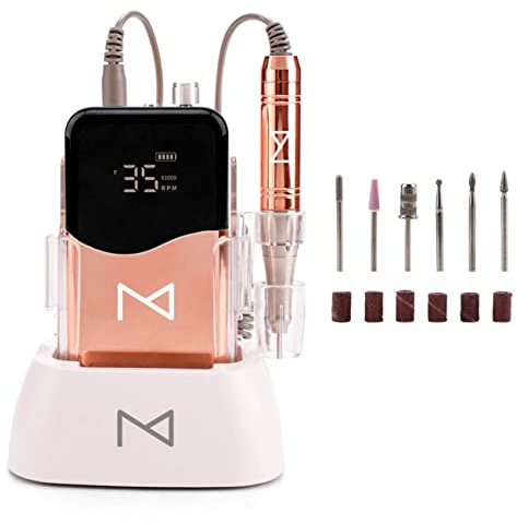 M Mase- Professional Nail Drill Machine - Coreless 2-in-1 Nail File - Electric, Cordless, 35000 RPM, HD Display - Electric Nail Drill for Professional & Home Use (Metallic Gold)