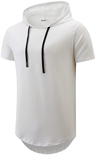 KLIEGOU Men's Hooded T-Shirt 190GSM 100% Cotton Soft Streetwear Longline Tee - Breathable Hip Hop Pullover - Pre-Shrunk 06 White L