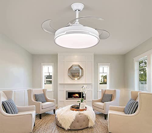CLICLED Ventilatore Da Soffitto con Luce e Telecomando 4 Pale Retrattili a Scomparsa 120W Plafoniera Led a Sospensione Con Tre Temperature Di Luce Fredda Calda Naturale Ultra Slim Silenzioso