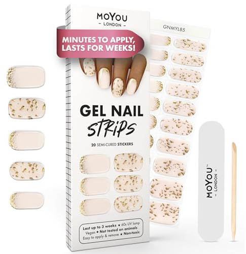 MOYOU LONDON Semi Cured Gel Nail Strips - 20 Pcs. Waterproof Gel Nail Wraps, Cures in Sunlight or UV/LED Lamp, Lasts Up to 2+ Weeks, Stretchable, Easy to Apply & Remove, Vegan & Cruelty-Free