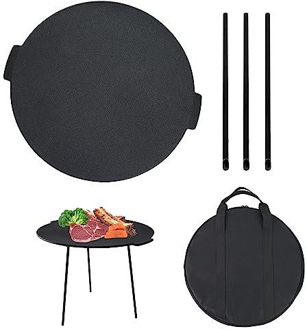SUBTLETY Plaque de cuisson ronde en fonte de 45 cm de diamètre - Avec effet anti-adhésif et support amovible - Pour barbecue à gaz, charbon de bois, camping, voyage