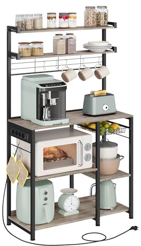 VASAGLE Küchenregal, Standregal mit Steckdosen, Kaffeebar, Bäckerregal, 8 S-Haken, mit Korb, Gewürzregal, 40 x 90 x 165,5 cm, Greige meliert-tintenschwarz KKS031K12