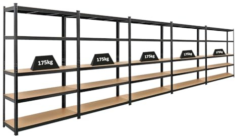 PROREGAL Mega Deal 5X étagère Robuste Ragnar | HxLxP 180x120x40cm | Charge du Compartiment 175kg | Noir | Étagère de Garage, étagère de Cave