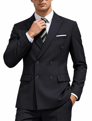 Coofandy Men's 2 Piece Double Breasted Suits Slim Fit Tuxedo Jacket and Dress Pants Set for Wedding Business Prom, Black, 42