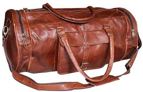 Handgefertigte große Reisetasche für Männer, Leder, Reisetasche, Übernachtung, Fitnessstudio, Sport, Wochenende, Fitnessstudio, Wandern, Vintage, Seesack (Round Duffel, 24 inch)
