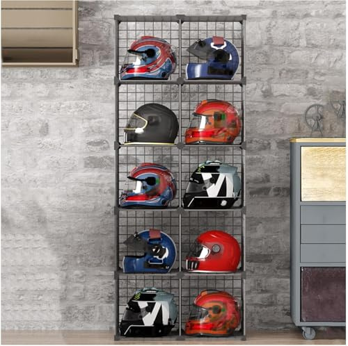 Porte-Casque De Moto Stand Vitrine à Chapeau - Porte-Casquettes Empilables pour Vélos Boîte De Rangement De Chapeau en Métal pour Le Stockage - Grille Métallique Bacs De Ra, 10 grids