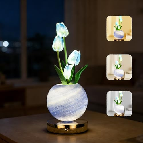 Lampada da tavolo a tulipano, 3 colori, lampada da comodino tattile in cristallo con vaso a intensità variabile, lampada da scrivania ricaricabile senza fili, regalo romantico per donna mamma