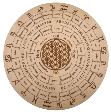 Planche à Pendule en Français en bois 20 cm, Radiesthésie (oui/non, jours, mois, lettres, chiffres, signe astro) – Cadran Divination – Support Spirituelle et Ésotérisme (Fleur de vie)