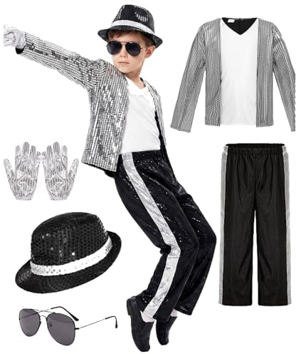 Disfraz Rey del Pop para Niño, Chaqueta y Pantalón Lentejosos Estilo Años 80-90, Conjunto Chaqueta a Rayas y Pantalón Dorado Lentejoso, Accesorios Completos para Halloween Carnaval Infantiles