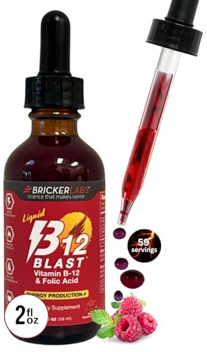 Bricker Labs B-12 Blast Liquid Vitamin B12 and Folic Acid Supplement, Support Energy Production, Great Tasting Liquid Vitamin B12 Dietary Supplement in Natural Raspberry Flavor, 2 fl oz Bottle