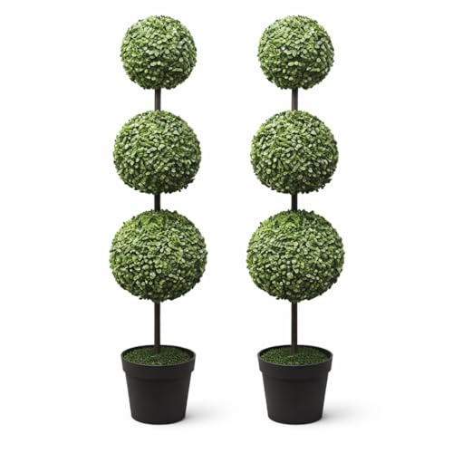 Floralcraft® Pair of Artificial Box Topiary 3 Ball Trees in Weighted Black Pots 118cm (4ft) Tall Triple Trio