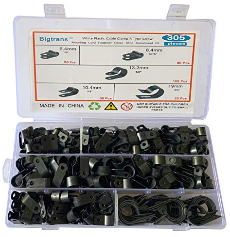 Bigtrans 305 Pcs Nylon Plastic R-Type Wire Clips 1/4 5/16 3/8 1/2 3/4 Clamps Fasteners Assortment for Cable Conduit -5 Size -Black