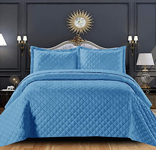PRIME LINENS Reversible Bedspread Throw Embossed Pattern - Blue Double Bedding Set for Bedroom Decor - Set of 3 Quilt Coverlet with 2 Pillow Shams
