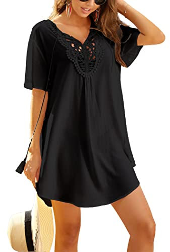 Ekouaer Strandtunika Spitze Damen V Ausschnitt Strandkleid Kurz Bikini Cover Up Sommer Strandponcho Schwarz M