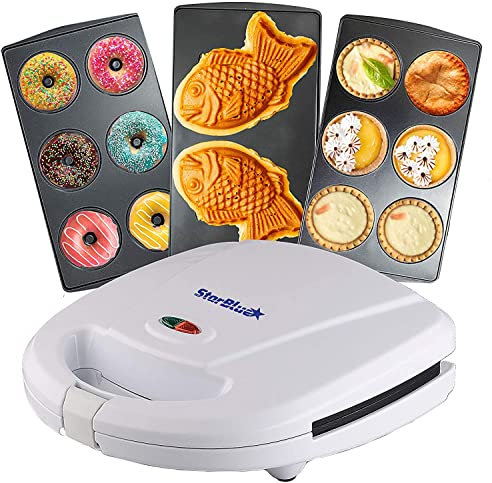 StarBlue - Máquina para hacer minidonas, minitartas y quiches, perfecta para cocinar taiyakis y postres, con 3 placas desmontables, blanco, CA 220-240 V, 50/60 Hz y 700-800 W