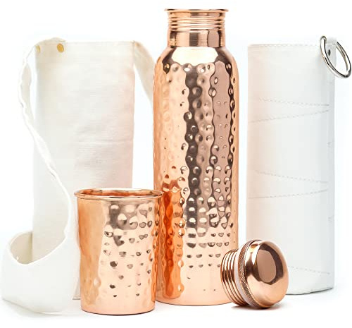 Kitchen Science- Ayurvedic 34oz Copper Water Bottle with Copper Tumbler, Bag & Sleeve – Lab-Tested, Leak-Proof