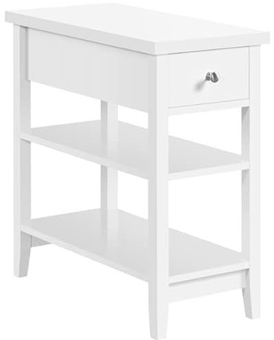Abician Table d'appoint à 3 Niveaux Table de Chevet en Bois Bout de Canapé avec 2 Étagères de Rangement et 1 Tiroir pour Salon Chambre 60 × 30 × 61,5 cm Blanc