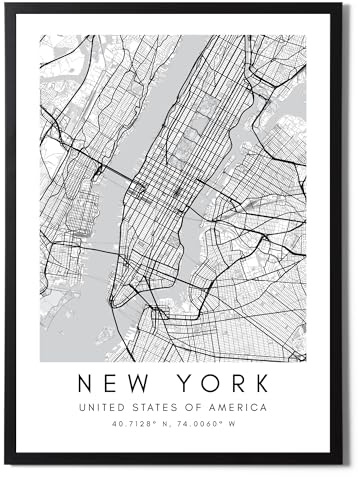 State Media Vision Juego individual de póster de mapa de la ciudad del mundo de Nueva York, impresión minimalista para dormitorio o sala de estar, arte de pared de Nueva York en blanco y negro (Nueva