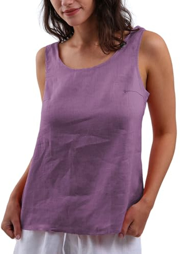 Amazhiyu Pure Linen Tank Tops, Summer Sleeveless Linen Vest Tops, Casual Crewneck Blouse Loose Fit 100% Linen Purple Small