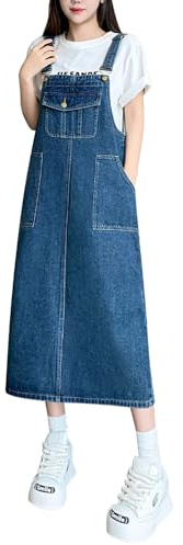 Petalum Dam elegant casual jeansoverall klänning vintage denim bomull hängslen kjol maxiknapp casual jumpsuit klänning för vår sommar, Färg: blå, 44-46