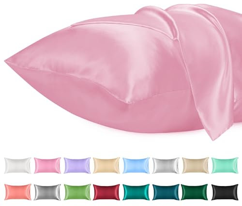Lirex 2er Set Satin Kissenbezug 40x60cm, kissenbezüge, Weich wie Seiden Kissenbezug, kopfkissenbezug 40x60 cm Kissenhülle für Haar und Haut kommt，Oeko-TEX Zertifiziert, Sakura Rosa