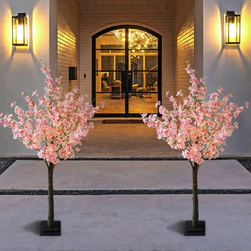 Melorca&Guilla Cherry Blossom Tree with Led Lights,2Pack 5 ft Lighted Tree, Cherry Blossom Tree Artificial Light Up Trees Decor Indoor Outdoor Shop Garden Office Home Décor (Pink, 2x5FT)