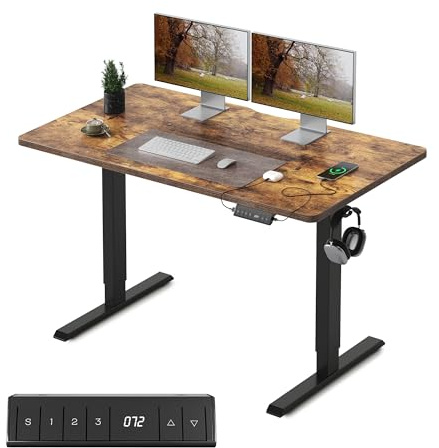 FEZIBO Bureau Électrique Réglable en Hauteur avec Ports de Charge USB-A et USB-C, 100 × 60 cm, Bureau Assis Debout, Ergonomique pour Télétravail, Marron