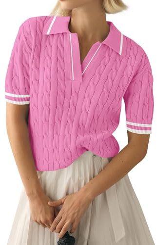 LACOZY Polo d'été à manches courtes et col en V côtelé pour femme, Rose 2, S