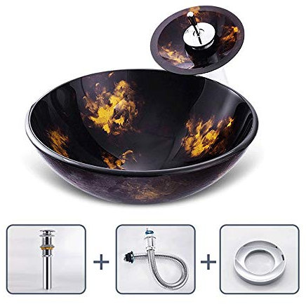 PUFAHAU Lavabo de tocador sobre encimera Pintado a Mano, de Vidrio Templado, Creativo, Redondo, artístico, con Grifo Cascada y desagüe emergente, 42 cm.