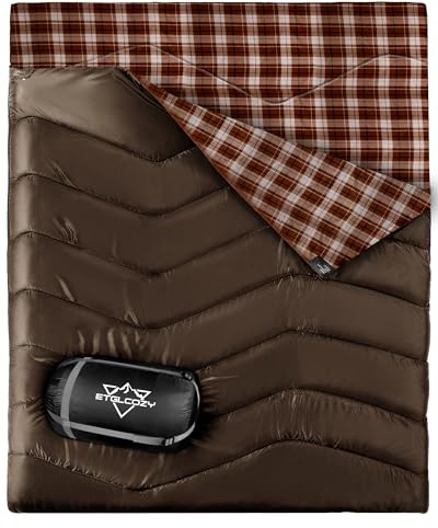 ETGLCOZY XL Queen Size 2 Person Double Sleeping Bag for Adults, Lightweight Compact with Flannel Liner & Thermolock Draft Tube, Machine Washable All Season Camping Travel(Coffee)