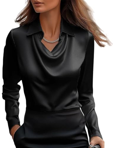 MorFansi Camisa de mujer en satén de seda con cuello en cascada elegante mangas largas unitarias clásico tops blusas, Negro , XXXL