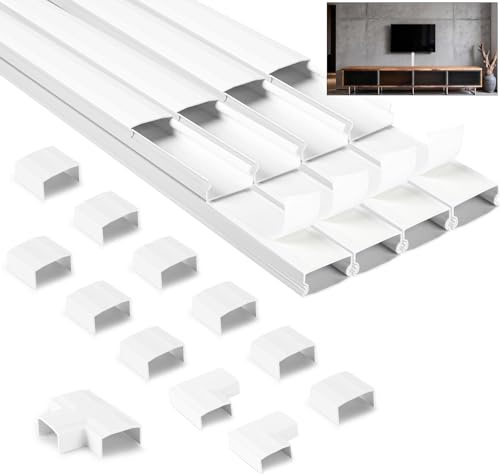 NUTKIT 2,4 m kabeltrunkingssats, vit trådtrunking för elkablar, kabelskydd för sladdar, självhäftande trunking för TV-kablar, kabelorganiserare för att gömma trådar på vägg – 8 x L 300 mm, B 25 mm, H