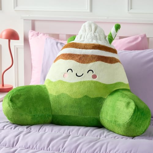 OHS Matcha Character Cuddle Cushion, Comfy Reading Pillows Super Soft Teddy Fleece Back Support Pillow with Arms Bed Cushions Snuggle Hug Pillow Relaxing At Home, Green