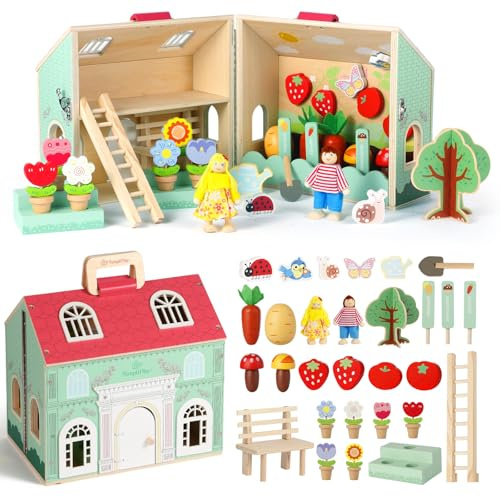 SIMPLIPLAY 45pcs Portable Large Wooden Dollhouse, Wooden Play Food Set