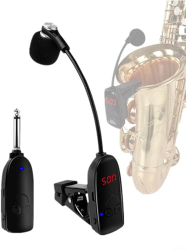 GLFLOW Professional UHF Wireless Microphone System, Metal Anti-Slip Clip, 8-10H for battery, Wide for frequency Response For Sax, Trumpet, Alto for HORN