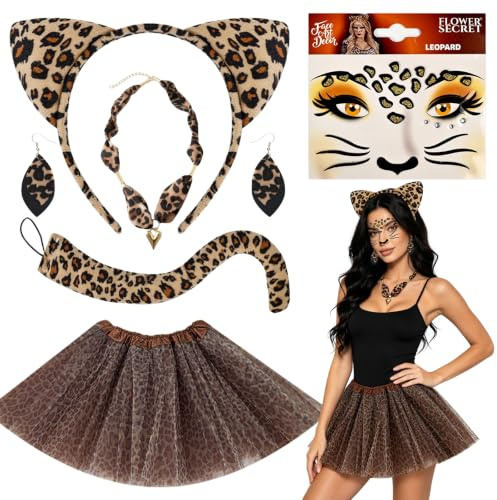 Carreuty 6 Pcs Leopard Costume Adult Set Animal Costumes with | Leopard Ears Headband Necklace Face Stickers Earrings Tail Dance Skirt for Women Animal Costume for Halloween Carnival Party