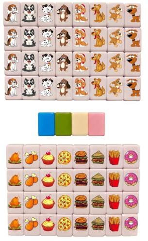 BeVistoso Set di giochi Mahjong da 65 pezzi, simpatico cartone animato per cibo per cani, piastrelle per feste in famiglia, 24 mm, gioco puzzle portatile