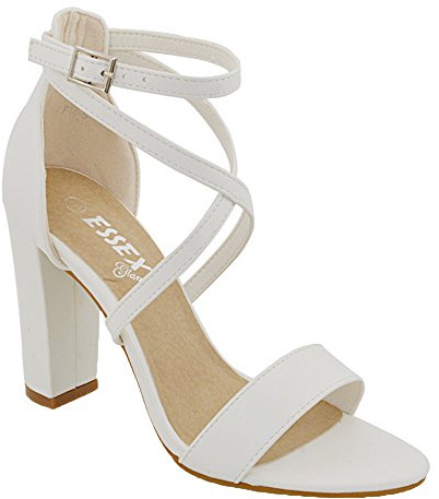 ESSEX GLAM Womens Ankle Strap Block Heel Sandals Ladies Strappy Buckle Prom Party Shoes Size 3-8 White Synthetic Leather