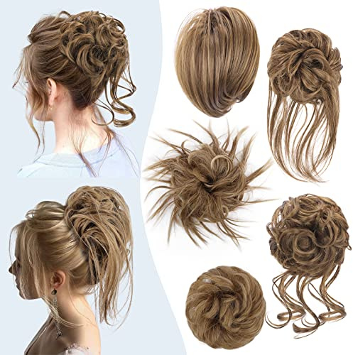 HMD 5 Pieces Messy Hair Bun Hairpiece Tousled Updo for Women Hair Extension Ponytail Scrunchies with Elastic Rubber Band Long Updo Messy Hairpiece Hair Accessories Set for Women(12/24)